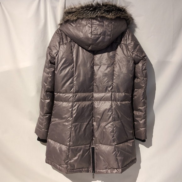NWOT Nygard Women's 3/4 Metallic Taupe Puffer Jacket w/ Faux Fur Trim Hood, XS - Picture 2 of 12